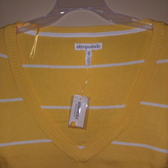 Aeropostale Yellow/White striped V Neck Sweater S - Picture 3 of 8